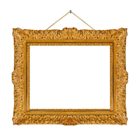 Old wooden picture frame hanging on a rope isolated on white backgroundの写真素材