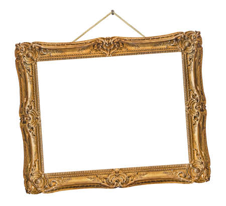 Old wooden picture frame hanging on a rope isolated on white backgroundの写真素材