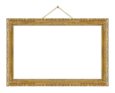 Old wooden picture frame hanging on a rope isolated on white background