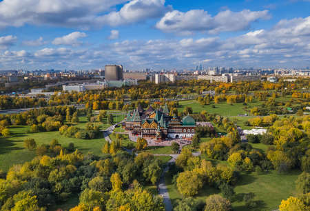 Wooden palace of Tsar Alexey in Kolomenskoe - Moscow Russia - aerial viewのeditorial素材