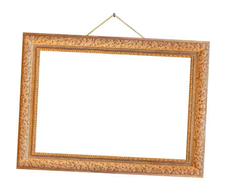Old wooden picture frame hanging on a rope isolated on white backgroundの写真素材