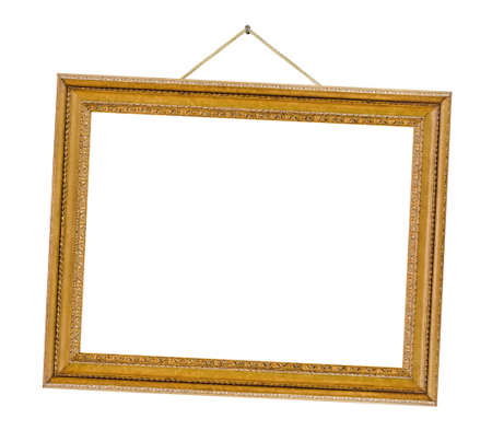 Old wooden picture frame hanging on a rope isolated on white backgroundの写真素材
