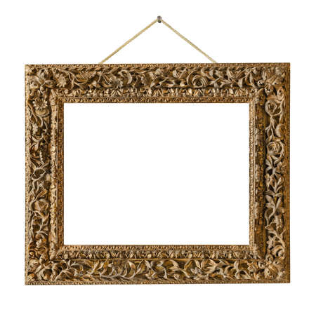 Old wooden picture frame hanging on a rope isolated on white backgroundの写真素材