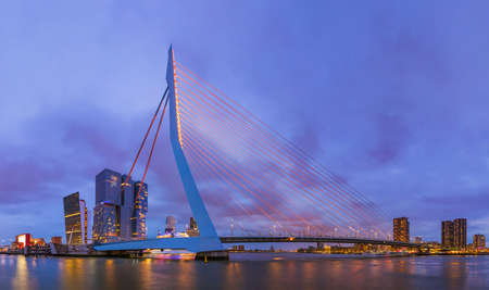 Erasmus bridge and Rotterdam cityscape - Netherlands - architecture backgroundの写真素材