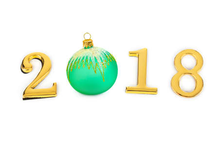 Numbers 2018 and christmas toy isolated on white backgroundの写真素材