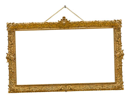 Old wooden picture frame hanging on a rope isolated on white background