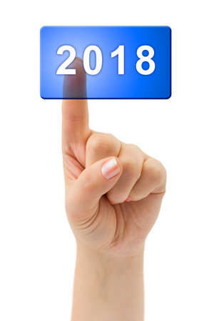 Hand and button 2018 isolated on white background