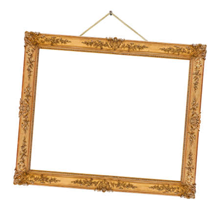 Old wooden picture frame hanging on a rope isolated on white background