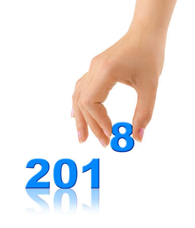 Numbers 2018 and hand isolated on white backgroundの写真素材