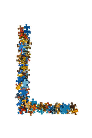 Letter L made of puzzle pieces isolated on white backgroundの写真素材