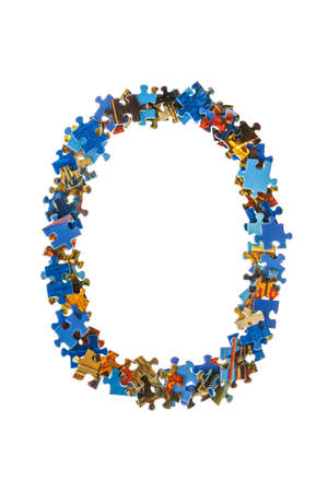 Letter O made of puzzle pieces isolated on white backgroundの写真素材