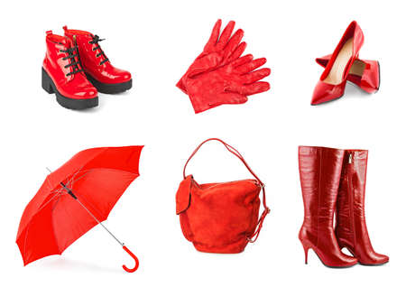 Set of red clothing and accessories isolated on white backgroundの写真素材