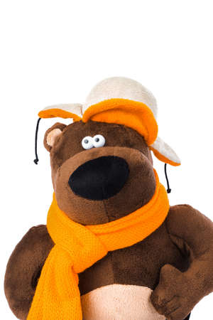 Toy bear in winter clothes isolated on white background