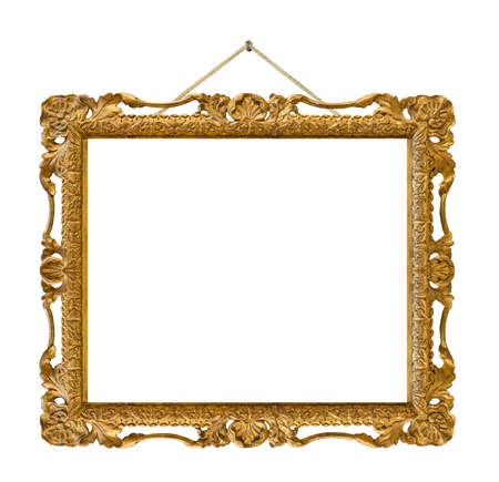 Old wooden picture frame hanging on a rope isolated on white backgroundの写真素材