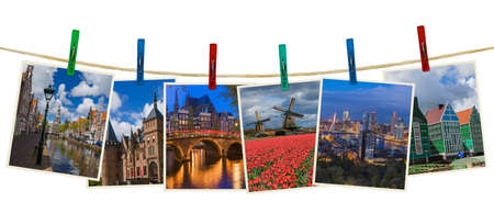 Netherlands travel images (my photos) on clothespins isolated on white backgroundの写真素材