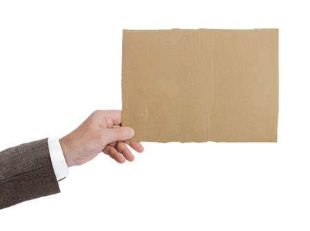 Hand with cardboard isolated on white backgroundの写真素材