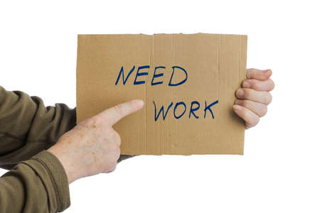 Hand with cardboard Need work isolated on white backgroundの写真素材