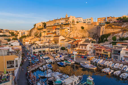 Marseille, France - August 03, 2017: Fishing boats in harbor Vallon des Auffes.のeditorial素材