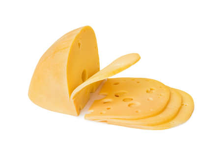 Slices of cheese isolated on white backgroundの写真素材