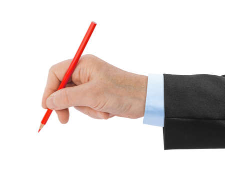 Pencil in hand isolated on white backgroundの写真素材