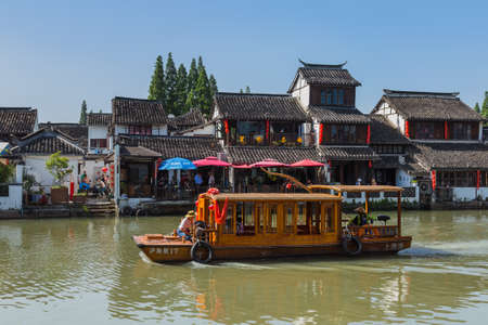 Shanghai, China - May 23, 2018: Boat cruise on the canal in Zhujiajiao water town.のeditorial素材