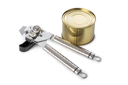 Tin can and opener isolated on white background