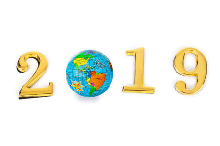 Numbers 2019 and globe isolated on white backgroundの写真素材