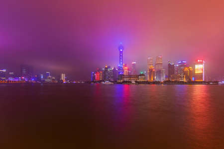 Shanghai, China - May 21, 2018: A night view of the modern Pudong skyline in Shanghai, China.