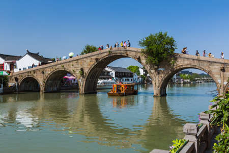 Shanghai, China - May 23, 2018: Boat cruise on the canal in Zhujiajiao water town.