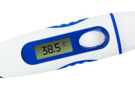 Electronic medical thermometer (38.5 degrees) isolated on white background