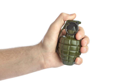 Hand with grenade isolated on white background