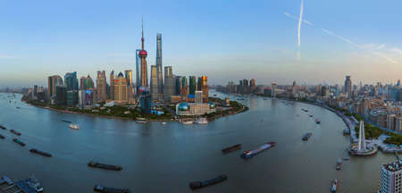Shanghai, China - May 23, 2018: Sunset view of the modern Pudong skyline in Shanghai, China.