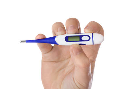 Hand and electronic thermometer with blank screen isolated on white background