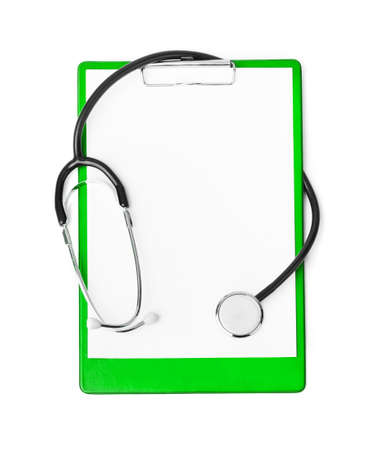 Medical clipboard and stethoscope isolated on white backgroundの写真素材