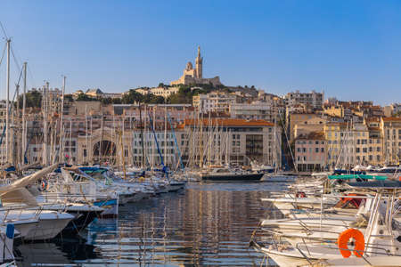 Old Port and Basilica of Notre Dame at Marseille France.の写真素材