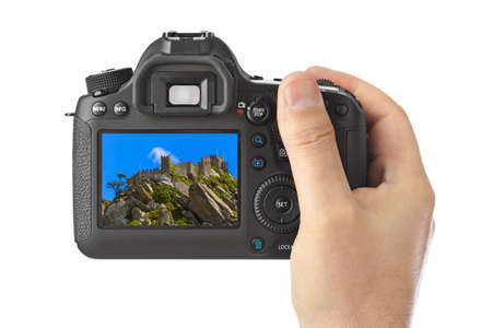 Camera and Moorish castle in Sintra at Portugalisolated on white background