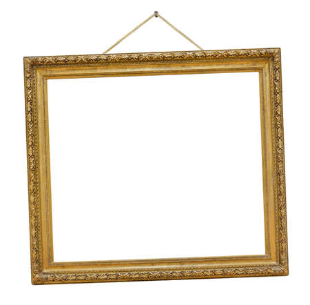 Old wooden picture frame hanging on a rope isolated on white backgroundの写真素材