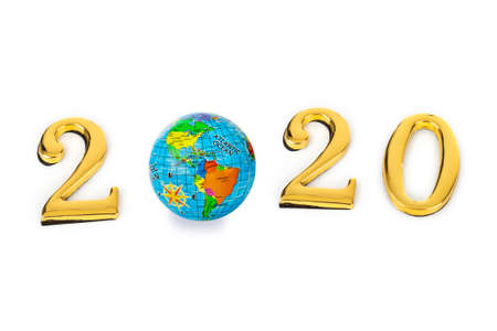 Numbers 2020 and globe isolated on white backgroundの写真素材