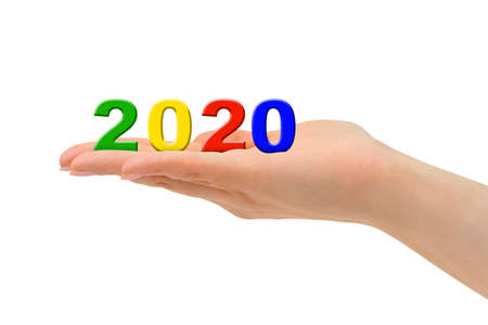 Numbers 2020 in hand isolated on white background