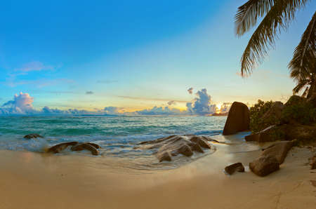 Sunset on tropical beach Source D'Argent at Seychelles - nature backgroundの写真素材