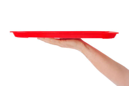 Hand with tray isolated on white background