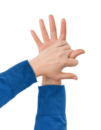 Human profile made of hands isolated on white background