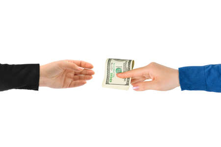 Hands and money isolated on white background