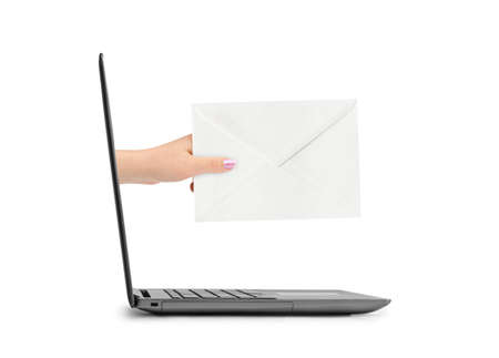 Hand with letter and notebook isolated on white background