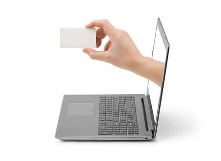Hand with blank card and notebook isolated on white background