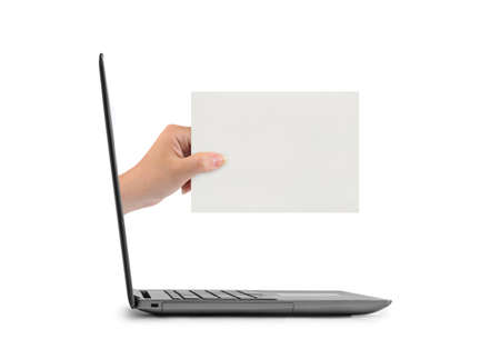 Hand with blank card and notebook isolated on white background