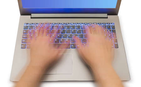 Notebook and motion blur hands isolated on white background