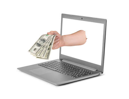 Hand with money and notebook isolated on white backgroundの写真素材