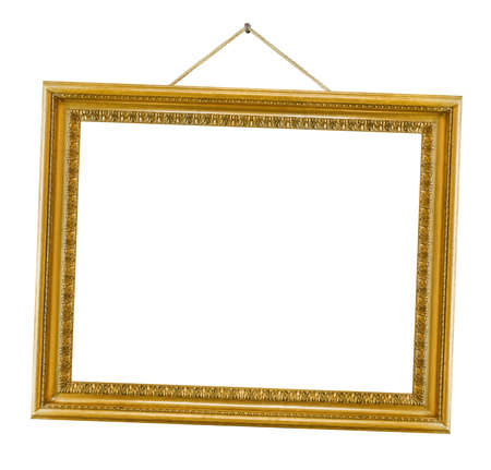 Old wooden picture frame hanging on a rope isolated on white background
