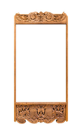 Old wooden photo frame with abstract Russian ornament isolated on white background
